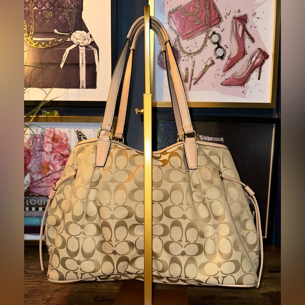 👜 Coach Signature Stripe Drawstring Carryall Bag – Khaki & Emerald (2011) - Picture 3 of 13